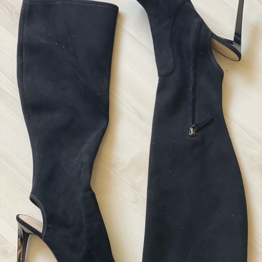 Black below the knew open toe and open back boots!